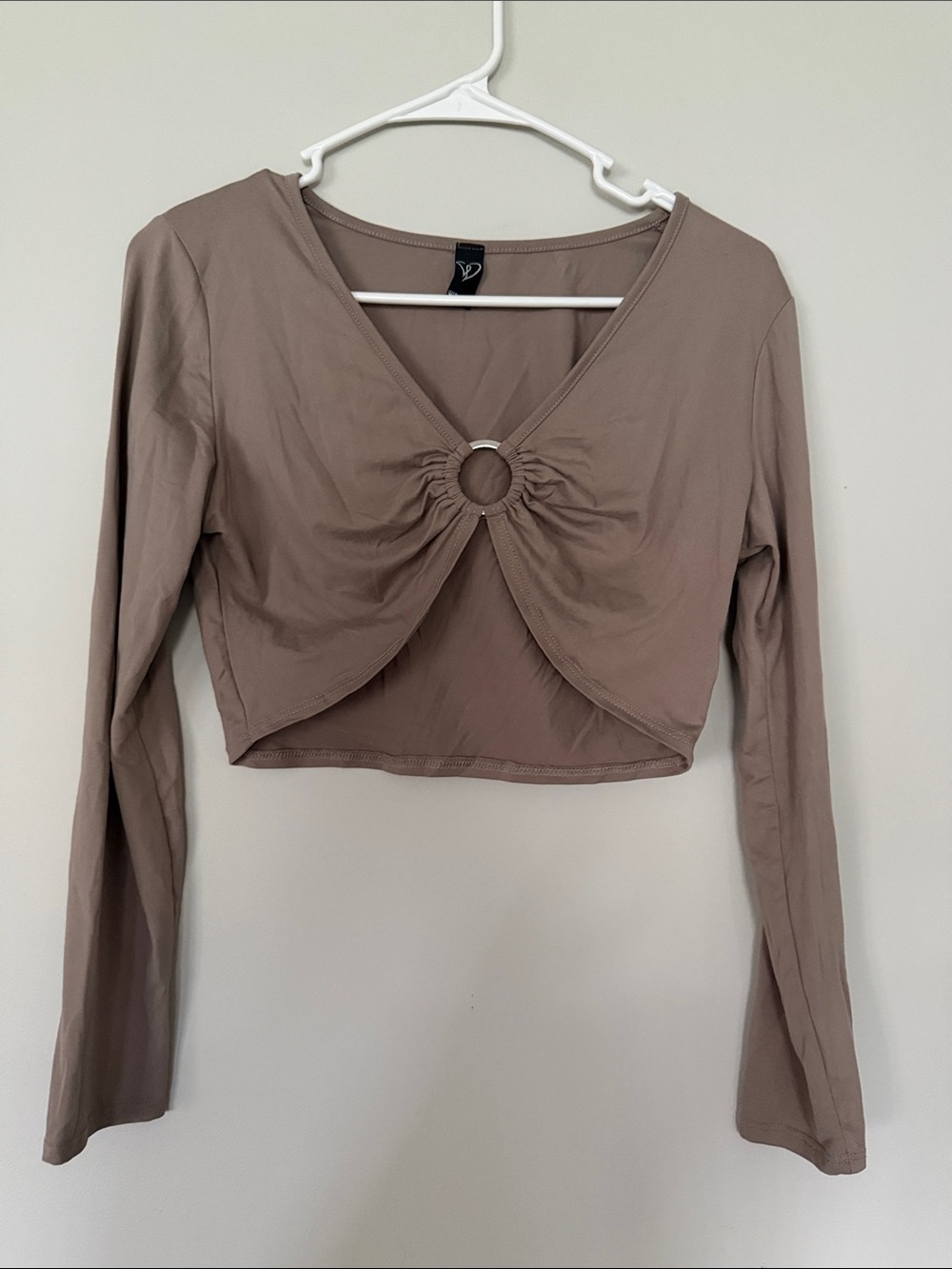Windsor Taupe Ring-Front Long Sleeve Crop Top